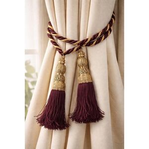 Vintage Maroon Gold Curtain Tiebacks 6ft Decorative Tassel Rope Pair